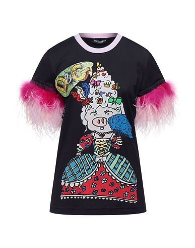 DOLCE&GABBANA T-shirt Black 100% Cotton, Polyester, Metallic Polyester, Turkey feathers, Ostrich feathers