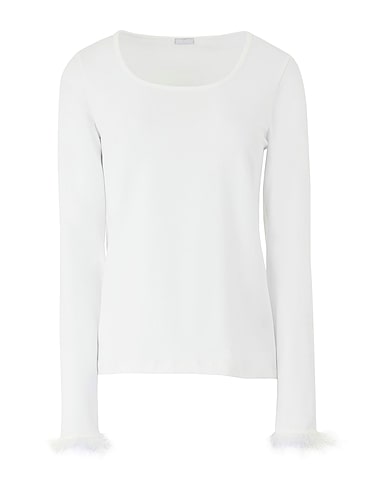 8 by YOOX T-shirt ORGANIC COTTON TRIM DETAIL L/SLEEVE TOP
 White 96% Organic cotton, 4% Elastane, Feathers