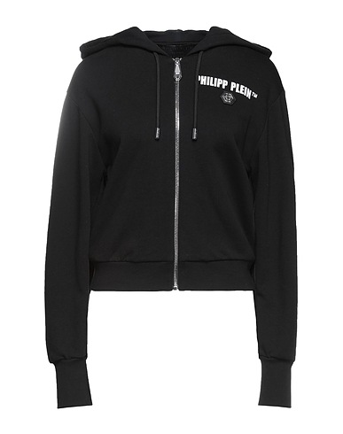 PHILIPP PLEIN Hooded track jacket  Black 100% Cotton, Elastane, Glass, Brass
