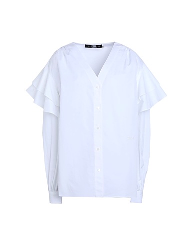 KARL LAGERFELD Solid colour shirts & blouses V-NECK POPLIN BLOUSE W/RUFFLES
 White 100% Organic cotton