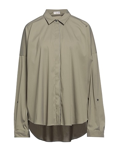 BRUNELLO CUCINELLI Shirts Sage green 72% Cotton, 23% Polyamide, 5% Elastane, Brass
