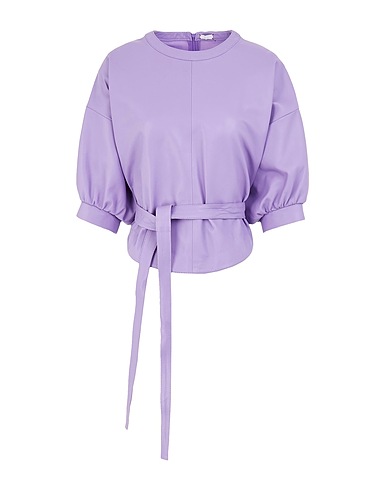 8 by YOOX Top LEATHER PUFF-SLEEVE WRAP BELTED TOP Lilac 100% Lambskin