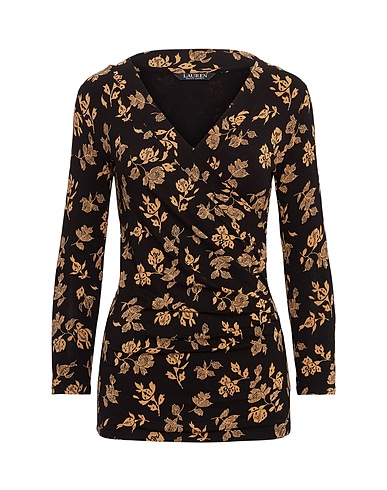 LAUREN RALPH LAUREN T-shirt FLORAL SURPLICE STRETCH JERSEY TOP
 Black 95% Viscose, 5% Elastane
