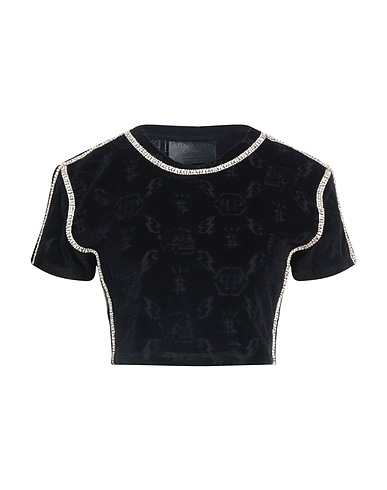 PHILIPP PLEIN Crop top Black 80% Cotton, 20% Polyester, Glass, Metal
