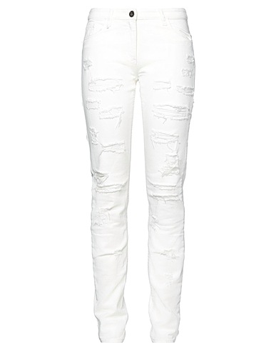 ELISABETTA FRANCHI JEANS Denim trousers Ivory 98% Cotton, 2% Elastane, Bovine leather