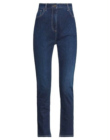 ELISABETTA FRANCHI Denim trousers Blue 99% Cotton, 1% Elastane, Bovine leather