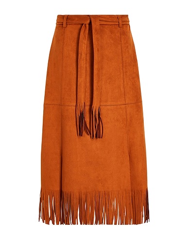 8 by YOOX Midi skirt HIGH-WAIST FRINGED MIDI SKIRT Tan 92% Polyester, 8% Elastane