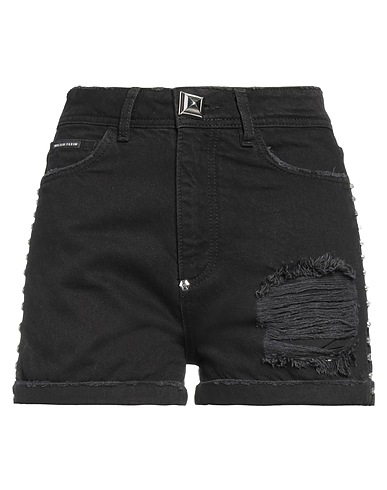 PHILIPP PLEIN Denim shorts Black 100% Cotton, Fibreglass, Calfskin