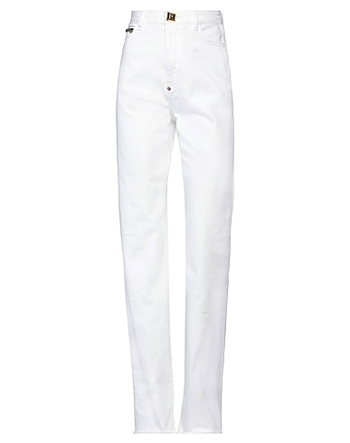 PHILIPP PLEIN Denim trousers White 100% Cotton, Calfskin