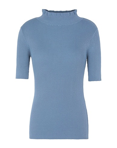 8 by YOOX Polo neck RIB-KNIT RUFFLED MOCKNECK S/SLEEVE TOP
 Pastel blue 100% Cotton
