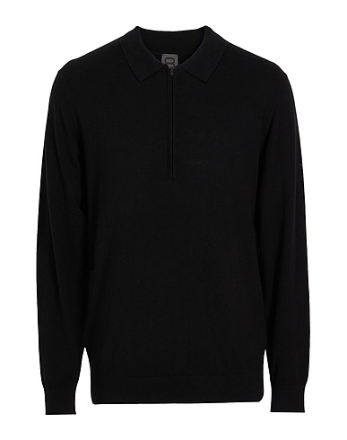 8 by YOOX Jumper ORGANIC COTTON-CACHEMERE BLEND KNITWEAR L/SLEEVE HALF -ZIP POLO Black 95% Organic cotton, 5% Cashmere