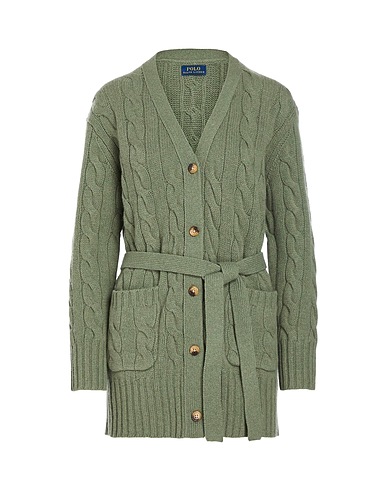 POLO RALPH LAUREN Strickjacke BELTED CABLE-KNIT WOOL-CASHMERE CARDIGAN
 Militärgrün 85% Wolle, 15% Kaschmir