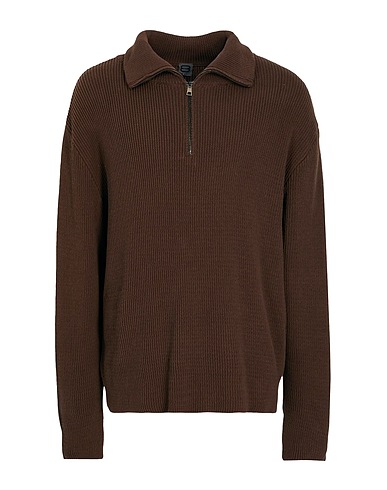 8 by YOOX Sweater COTTON RIB KNIT HALF ZIP JUMPER Brown 50% Cotton, 50% Recycled cotton