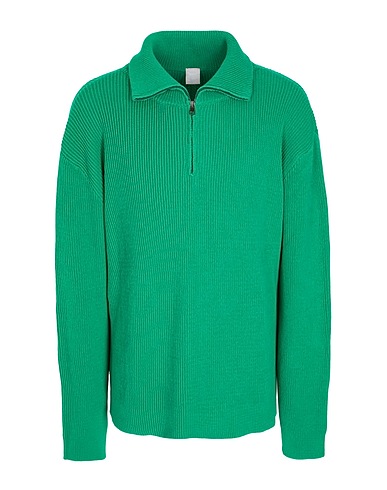 8 by YOOX Jumper COTTON RIB KNIT HALF ZIP JUMPER Green 50% Cotton, 50% Recycled cotton