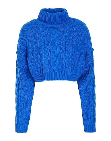 8 by YOOX Polo neck HIGH-NECK CROPPED CABLE KNIT Bright blue 80% Polyester, 20% Wool