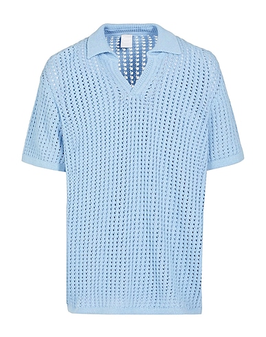 8 by YOOX Pullover COTTON BLEND OPEN WORK KNIT POLO
 Blu chiaro 75% Cotone riciclato, 20% Poliestere riciclato, 5% Altre Fibre