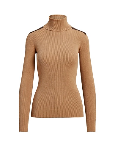 LAUREN RALPH LAUREN Polo neck FAUX LEATHER-TRIM RIBBED TURTLENECK
 Camel 51% Cotton, 31% Modal, 18% Nylon