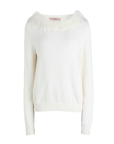 TWINSET Pullover Avorio 56% Fibre sintetiche, 20% Cotone, 20% Lana, 4% Cachemire, Piume di struzzo