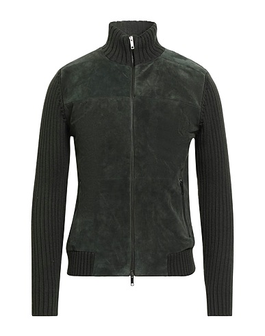 DANIELE FIESOLI Cardigan Dark green 50% Merino Wool, 50% Polyacrylic, Leather