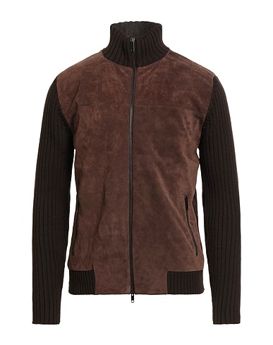 DANIELE FIESOLI Cardigan Dark brown 50% Merino Wool, 50% Polyacrylic, Leather