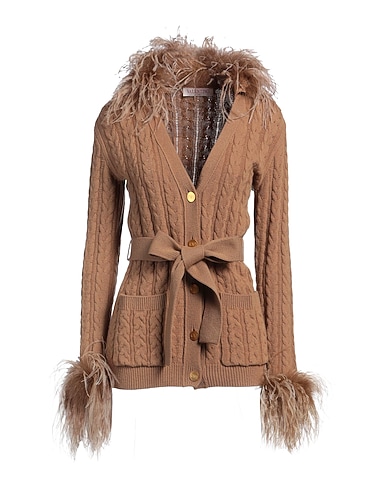 VALENTINO GARAVANI Cardigan CAMMELLO 100% Virgin Wool, Ostrich feathers, Turkey feathers