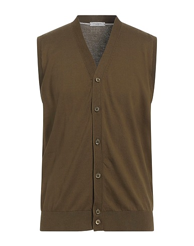 PAOLO PECORA Cardigan Military green 100% Cotton, Mother-of-pearl