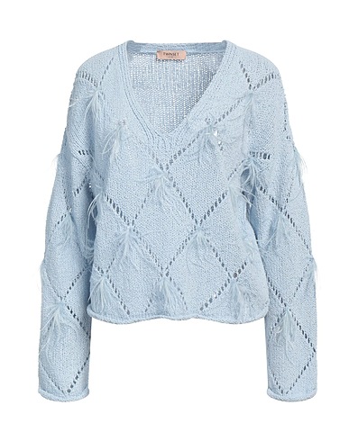 TWINSET Jumper Sky blue 96% Cotton, 4% Polyamide, Ostrich feathers
