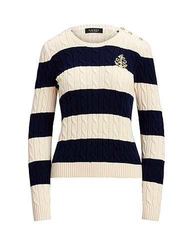 LAUREN RALPH LAUREN Pullover STRIPED BUTTON-TRIM CABLE-KNIT SWEATER
 Elfenbein 100% Baumwolle