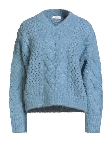 BRUNELLO CUCINELLI Jumper Light blue 80% Alpaca wool, 11% Polyamide, 9% Wool, Brass