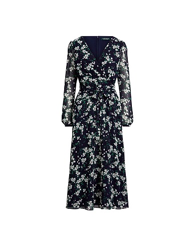 LAUREN RALPH LAUREN Midi dress PUFF-SLEEVE GEORGETTE DRESS
 Midnight blue 100% Polyester