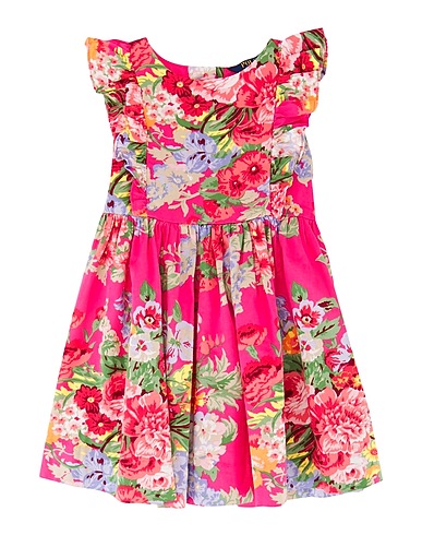 POLO RALPH LAUREN Dress Floral Printed Cotton Sateen Ruffle Dress  Fuchsia 100% Cotton