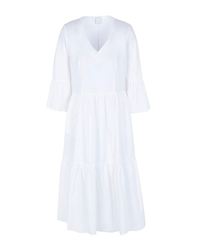 8 by YOOX Midi dress COTTON FLOUNCE V-NECK MIDI DRESS
 White 100% Cotton