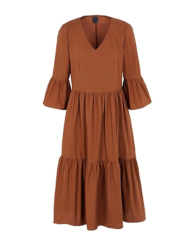 8 by YOOX Midi dress COTTON FLOUNCE V-NECK MIDI DRESS
 Brown 100% Cotton