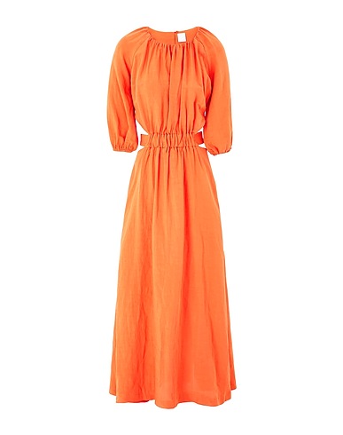 8 by YOOX サマードレス TENCEL PUFF-SLEEVE MIDI DRESS
 赤茶色 レーヨン 63% / リネン 37%