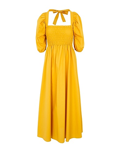 8 by YOOX Midi dress COTTON SMOCKED PUFF-SLEEVE MIDI DRESS
 Marigold 100% Cotton