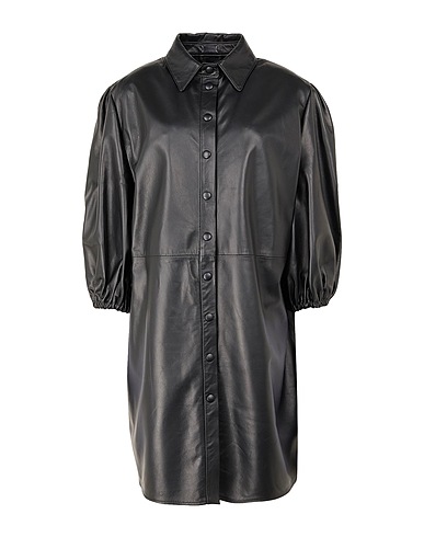 8 by YOOX Office dress LEATHER BUTTON FRONT PUFF-SLEEVE MINI DRESS
 Black 100% Lambskin