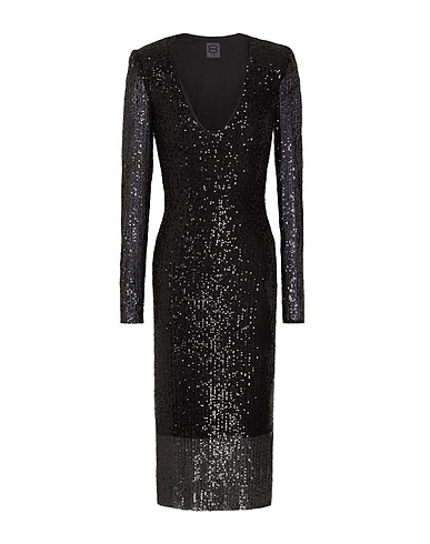 8 by YOOX Midi dress SEQUIN SHOULDER-PAD MIDI DRESS
 Black 92% Polyester, 8% Elastane