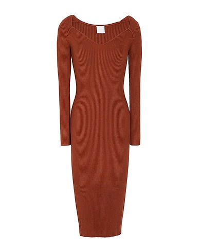 8 by YOOX Midi dress RIBBED KNIT MIDI DRESS Brown 82% Viscose, 16% Recycled polyamide, 2% Elastane