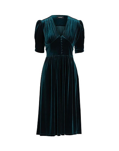 LAUREN RALPH LAUREN Midi-Kleid PUFF-SLEEVE VELVET DRESS
 Grün 92% Polyester, 8% Elastan