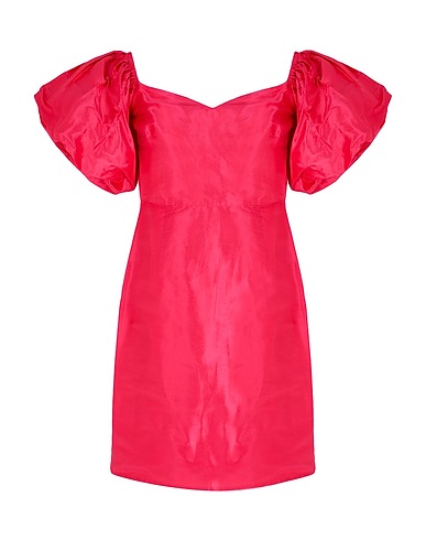 8 by YOOX Short dress SILK-SHANTUNG OFF-SHOULDER PUFF SLEEVE MINI DRESS
 Fuchsia 100% Silk