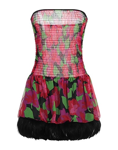 SAINT LAURENT Short dress Brick red 100% Silk, Rooster feathers