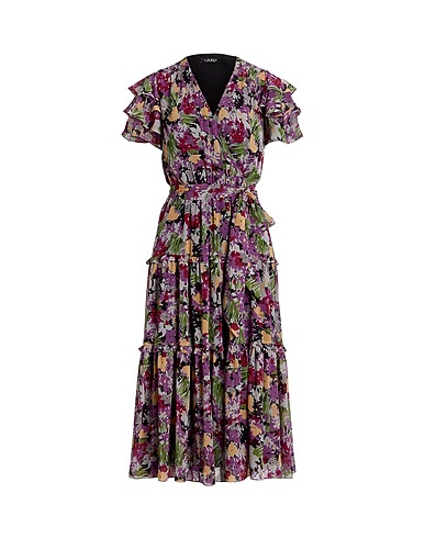 LAUREN RALPH LAUREN ひざ丈ワンピース BELTED FLORAL CRINKLE GEORGETTE DRESS
 ブラック リサイクルポリエステル 100%