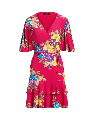 LAUREN RALPH LAUREN Short dress FLORAL STRETCH JERSEY FAUX-WRAP DRESS
 Fuchsia 95% Polyester, 5% Elastane