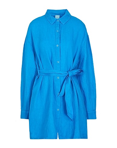 8 by YOOX Shirt dress LINEN BELTED CHEMISIER MINI DRESS
 Azure 100% Linen