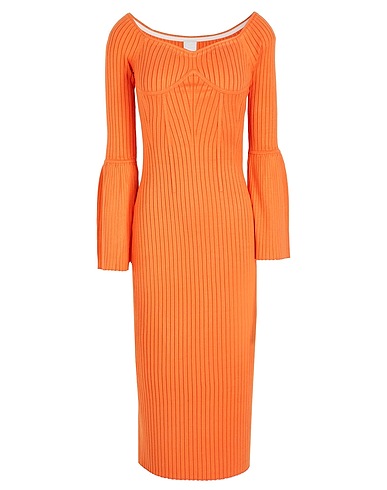 8 by YOOX Midi dress VISCOSE BLEND OFF SHOULDER RIBBED KNIT MIDI DRESS
 Orange 72% Viscose, 28% Recycled polyamide