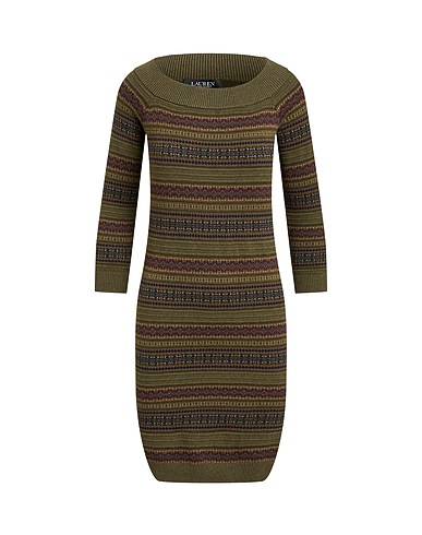 LAUREN RALPH LAUREN Short dress FAIR ISLE OFF-THE-SHOULDER SWEATER DRESS
 Military green 93% Cotton, 7% Linen