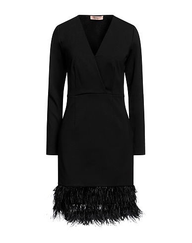 TWINSET Kurzes Kleid Schwarz 68% Viskose, 27% Polyamid, 5% Elastan, Straussenfedern