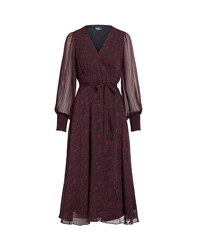 POLO RALPH LAUREN Midi dress FLORAL BLOUSON GEORGETTE WRAP DRESS
 Burgundy 100% Viscose
