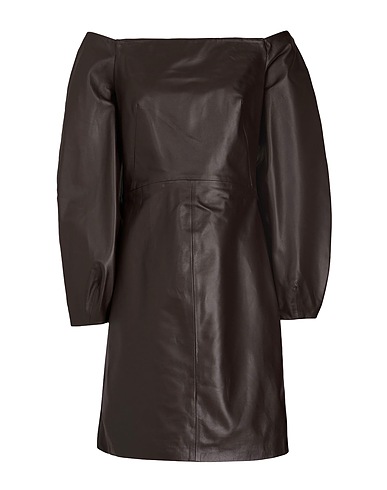 8 by YOOX Short dress LEATHER PUFF-SLEEVE MINI DRESS
 Chocolate brown 100% Lambskin