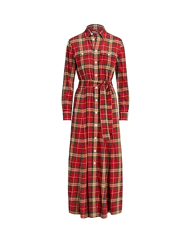 POLO RALPH LAUREN Long dress  PLAID COTTON TWILL SHIRTDRESS 
 Red 100% Cotton